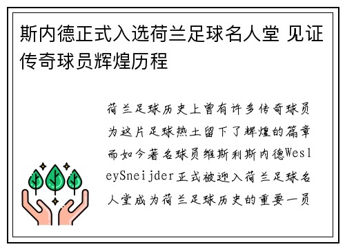 斯内德正式入选荷兰足球名人堂 见证传奇球员辉煌历程